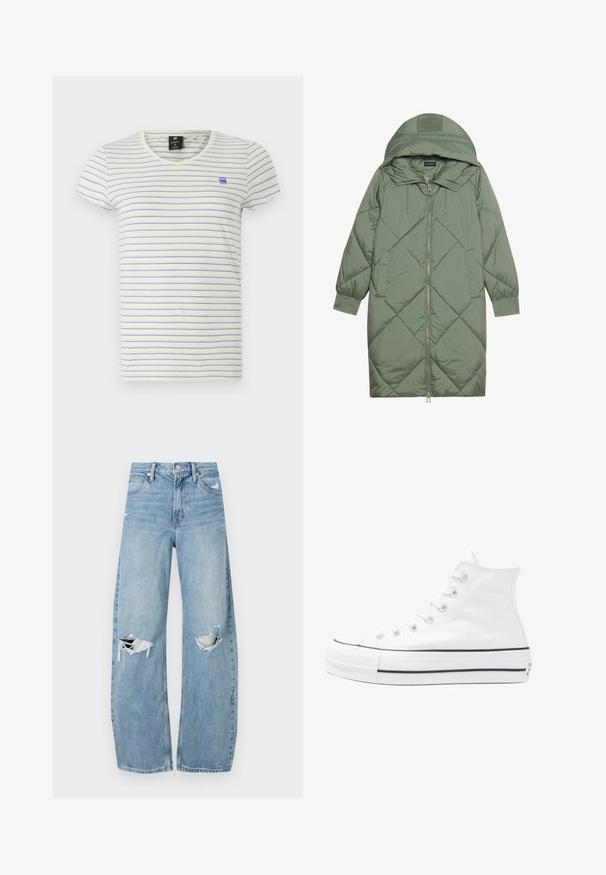 Abrigo acolchado largo verde tipo puffer con capucha, que presenta un cierre frontal con cremallera y dos bolsillos laterales. Patrón de diamantes texturizado en toda su superficie.; Camiseta de manga corta a rayas en crema con rayas horizontales azules. Presenta un escote en V y un pequeño logo azul en el lado izquierdo del pecho.; Vaqueros de mezclilla de tiro alto en azul claro. Tienen piernas anchas, dos áreas desgastadas en las rodillas y un estilo clásico de cinco bolsillos.; Zapatilla de lona alta blanca con suela de goma negra, puntera de goma frontal y seis ojetes para los cordones, que presenta un diseño limpio y minimalista.