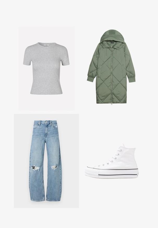Quiltana duga zelena puffer jakna s kapuljačom, s prednjim zatvaračem i dva bočna džepa. Teksturni dijamantni uzorak kroz cijelu jaknu.; Siva majica kratkih rukava s rebrastom teksturom, okruglim izrezom i prilagođenim krojem, s diskretnom etiketom brenda.; Svijetloplave, visoko-strukirane traperice. Imaju široke nogavice, dva razderana područja na koljenima i klasičan stil s pet džepova.; Bijela visoka platnena tenisica s crnom gumenom potplatom, prednjim gumenim zaštitnikom prstiju i šest rupa za vezanje, s čistim, minimalističkim dizajnom.