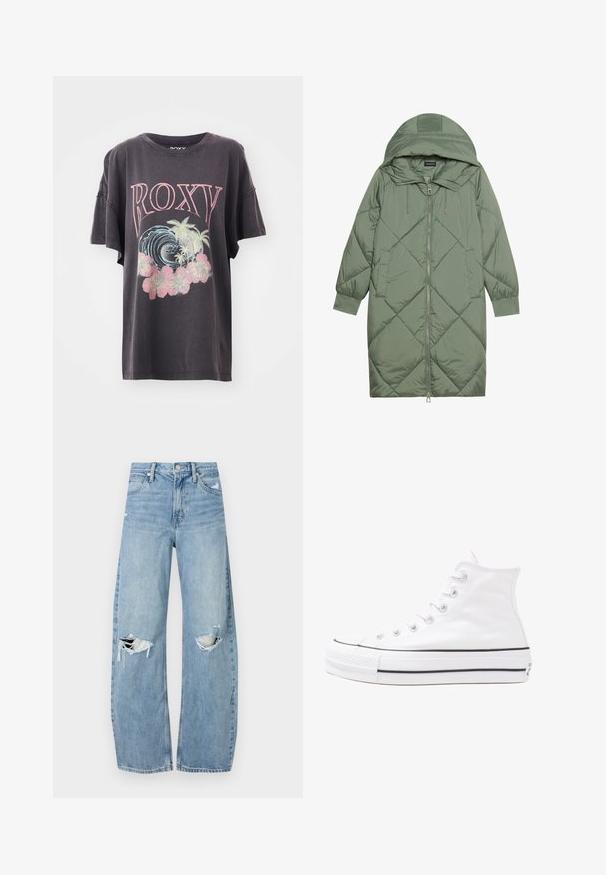 Gesteppten langer grüner Daunenmantel mit Kapuze, mit einem Reißverschluss vorne und zwei Seitentaschen. Strukturiertes Rautenmuster auf der gesamten Fläche.; Dunkelgraues kurzärmeliges T-Shirt mit einem bunten Grafikdesign, das "ROXY," Wellen, Palmen und rosa Blumen zeigt. Lässiger Schnitt mit Rundhalsausschnitt.; Helles, hochtailliertes Jeans aus Denim. Hat weit geschnittene Beine, zwei aufgerissene Kniebereiche und klassischen Fünf-Taschen-Stil.; Weiße hochwertige Leinensneaker mit schwarzer Gummisohle, vorderem Gummizehenschutz und sechs Ösen für Schnürsenkel, die ein sauberes, minimalistisches Design aufweisen.