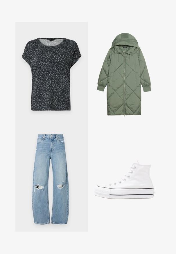 Abrigo acolchado largo verde tipo puffer con capucha, que presenta un cierre frontal con cremallera y dos bolsillos laterales. Patrón de diamantes texturizado en toda su superficie.; Camiseta de leopardo en negro y gris con un corte holgado, cuello redondo y mangas cortas. Fabricada en un tejido suave y ligero.; Vaqueros de mezclilla de tiro alto en azul claro. Tienen piernas anchas, dos áreas desgastadas en las rodillas y un estilo clásico de cinco bolsillos.; Zapatilla de lona alta blanca con suela de goma negra, puntera de goma frontal y seis ojetes para los cordones, que presenta un diseño limpio y minimalista.