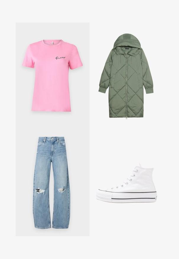 Gesteppten langer grüner Daunenmantel mit Kapuze, mit einem Reißverschluss vorne und zwei Seitentaschen. Strukturiertes Rautenmuster auf der gesamten Fläche.; Kurze Ärmel pinkes Baumwoll-T-Shirt mit Rundhalsausschnitt und schwarzem "Party"-Text, der auf der linken Brust gestickt ist. Glatte Textur und schlichtes Design.; Helles, hochtailliertes Jeans aus Denim. Hat weit geschnittene Beine, zwei aufgerissene Kniebereiche und klassischen Fünf-Taschen-Stil.; Weiße hochwertige Leinensneaker mit schwarzer Gummisohle, vorderem Gummizehenschutz und sechs Ösen für Schnürsenkel, die ein sauberes, minimalistisches Design aufweisen.