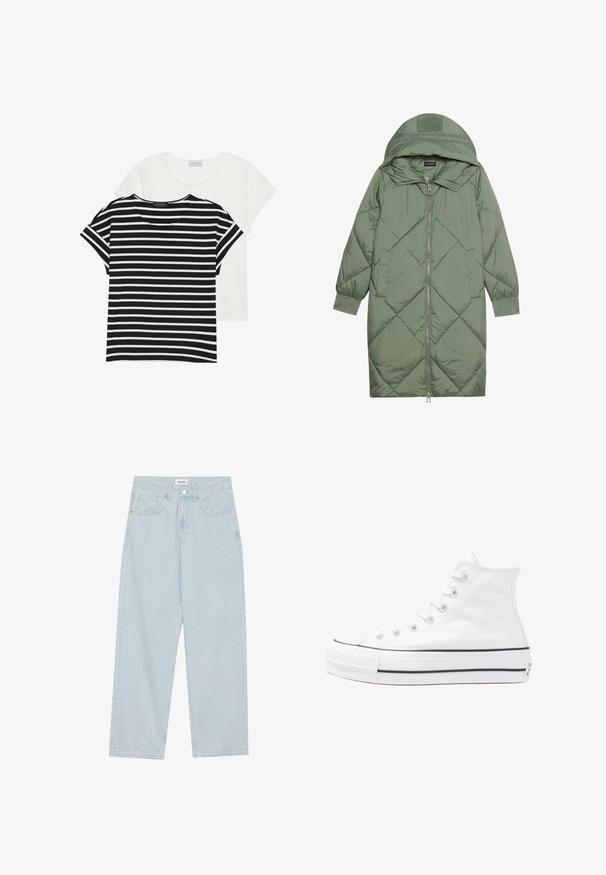 Prostorna dolga zeleni puffer plašč s kapuco, z zadrgo spredaj in dvema stranskima žepoma. Tekstura z diamantnim vzorcem po celotni površini.; Dve majice: ena črno-bela z naramnicami in kratkimi rokavi, ter ena enobarvna bela, obe z okroglim izrezom in sproščenim krojem.; Svetlo modri široki jeans narejeni iz denima, s srednjim pasom, petimi žepki in gumbnim zapiranjem s tankim kovinskim poudarkom.; Beli visoki platneni športni čevelj z črnim gumijastim podplatom, sprednjim gumijastim zaščitnikom za prste in šestimi luknjicami za vezalke, ki se ponaša s preprostim, minimalističnim dizajnom.