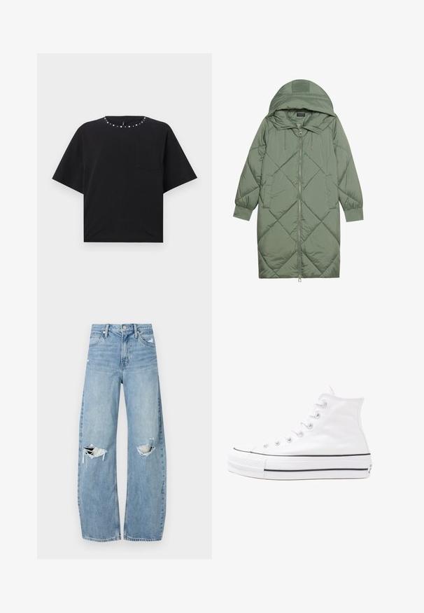 Izšūts garš zaļš pūšļa mētelis ar kapuci, ar priekšējo rāvējslēdzēju un divām sānu kabatām. Visā virsmā ir teksturēta dimanta raksts.; Melna īsām piedurknēm t-kreklu ar apaļu kakla izgriezumu, rotāts ar sudraba tapām un nelielu krūšu kabatu. Izgatavots no mīksta kokvilnas auduma.; Gaiši zili, augstās vidukļa džinsi, kas izgatavoti no denima. Iespējas plašas kājas, divas plēstas ceļa daļas un klasiskā piecu kabatu dizains.; Balti augstie kanvas sporta apavi ar melnu gumijas zoli, priekšējo gumijas purngalu un sešām acīm lencēm, kuriem ir tīrs, minimālistisks dizains.