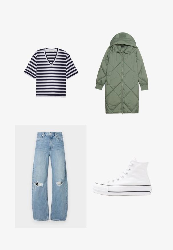 Quiltet lang grønn pufferjakke med hette, med en frontglidelås og to sidelommer. Teksturerte diamantmønster overalt.; Stripete T-skjorte i marineblå og hvite farger, V-hals design, korte ermer og mykt bomullsmateriale.; Lyseblå høytlivsjeans laget av denim. Har vide bein, to revne knær og klassisk fem-lommers design.; Hvit høy-skinn kanvas sneakers med svart gummisåle, gummitåhette foran og seks hull for snorer, med et rent, minimalistisk design.