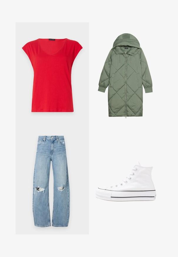 Vihreä vuorattu pitkänmallinen puhvitakki, jossa on huppu, etuvetoketju ja kaksi sivutaskua. Koko takin pinta on teksturoidussa timanttikuviossa.; Punainen lyhythihainen V-pääkappale, joka on valmistettu pehmeästä kankaasta. Ominaisuuksiin kuuluu rento istuvuus, sileä pinta ja siisti ommel helman ympärillä.; Vaaleansiniset, korkeavyötäröiset farkut, jotka on valmistettu denimmateriaalista. Ominaisuuksiin kuuluvat leveät lahkeet, kaksi revittyä polvialuetta ja klassinen viiden taskun tyyli.; Valkoiset korkeavartiset kangaskengät mustalla kumipohjalla, edessä kuminen varvasosa ja kuusi nauha-aukkoa, puhtaan minimalistisella muotoilulla.