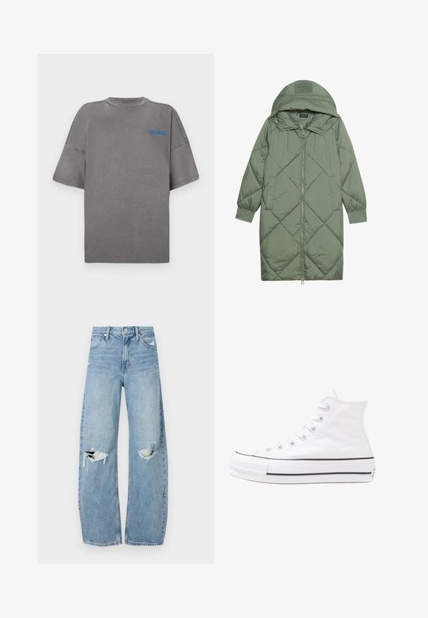 Quilted long green puffer coat with a hood, featuring a front zipper closure and two side pockets. Textured diamond pattern throughout.; Gray cotton t-shirt with short sleeves, round neckline, and "CALA BASSA" in blue text on the front. Smooth texture.; Light blue, high-waisted jeans made of denim. Feature wide legs, two torn knee areas, and classic five-pocket styling.; White high-top canvas sneaker with black rubber sole, front rubber toe cap, and six eyelets for laces, featuring a clean, minimalist design.