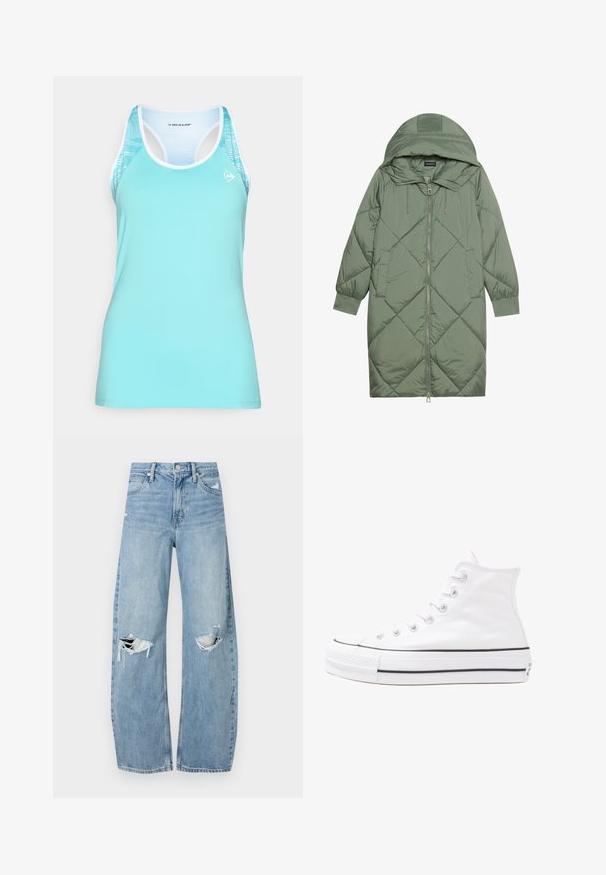 Abrigo acolchado largo verde tipo puffer con capucha, que presenta un cierre frontal con cremallera y dos bolsillos laterales. Patrón de diamantes texturizado en toda su superficie.; Camiseta deportiva de color turquesa con un diseño de tirantes tipo racerback, ribete blanco y un acento estampado en los hombros para una mayor transpirabilidad.; Vaqueros de mezclilla de tiro alto en azul claro. Tienen piernas anchas, dos áreas desgastadas en las rodillas y un estilo clásico de cinco bolsillos.; Zapatilla de lona alta blanca con suela de goma negra, puntera de goma frontal y seis ojetes para los cordones, que presenta un diseño limpio y minimalista.