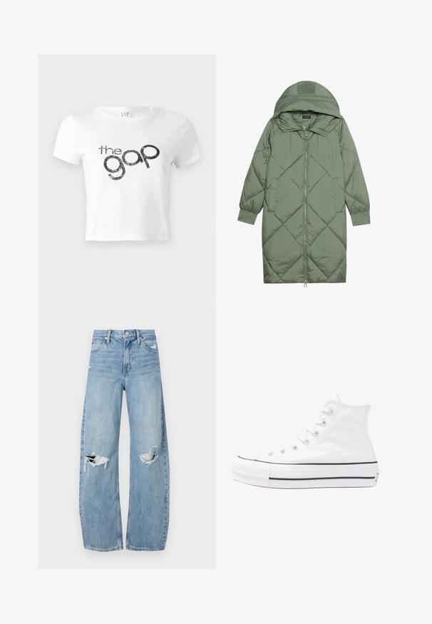 Abrigo acolchado largo verde tipo puffer con capucha, que presenta un cierre frontal con cremallera y dos bolsillos laterales. Patrón de diamantes texturizado en toda su superficie.; Camiseta corta blanca de algodón con un logo gráfico negro brillante "the gap" en la parte frontal. Mangas cortas y cuello redondo.; Vaqueros de mezclilla de tiro alto en azul claro. Tienen piernas anchas, dos áreas desgastadas en las rodillas y un estilo clásico de cinco bolsillos.; Zapatilla de lona alta blanca con suela de goma negra, puntera de goma frontal y seis ojetes para los cordones, que presenta un diseño limpio y minimalista.