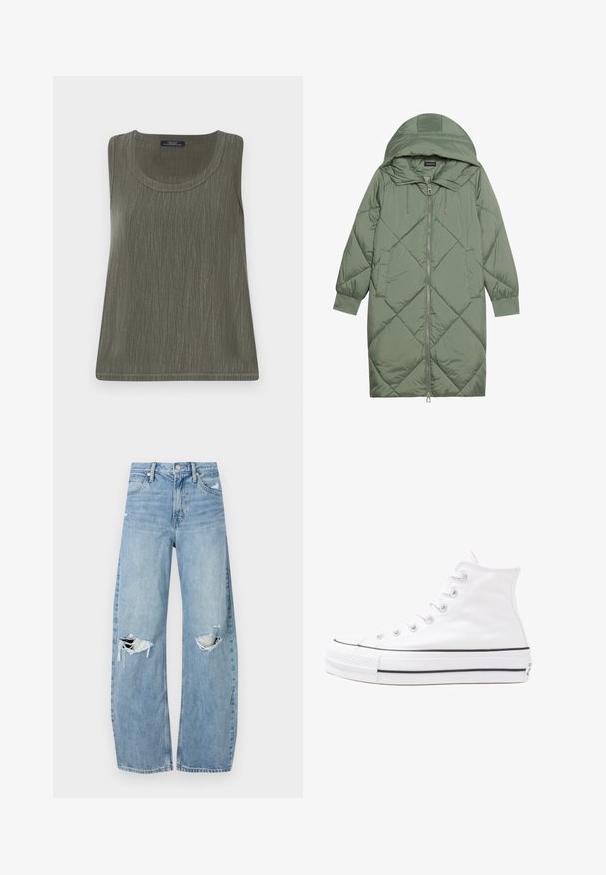 Vadderad lång grön pufferjacka med huva, med en framsidan dragkedjestängning och två sidofickor. Strukturerad diamantmönster över hela plagget.; Ärmlös topp i olivgrön med ett subtilt strukturerat mönster, rundad hals och rak nederkant. Tillverkad av lättviktsmaterial.; Ljusblå, högmidjade jeans i denim. Har vida ben, två slitna knäområden och klassisk femfickedesign.; Vit hög topp canvas sneaker med svart gummisulan, framsidan gummitåhätta och sex öglor för snören, med en ren, minimalistisk design.