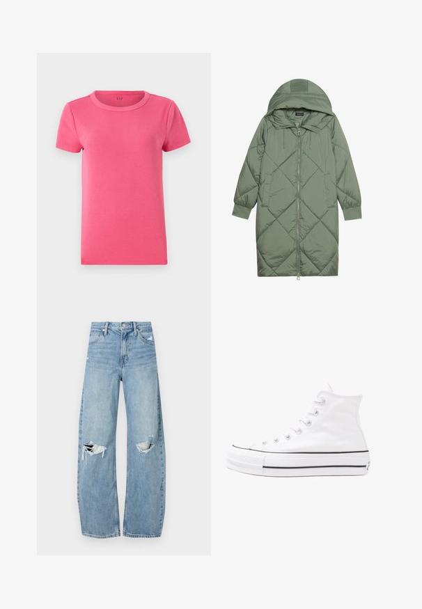 Abrigo acolchado largo verde tipo puffer con capucha, que presenta un cierre frontal con cremallera y dos bolsillos laterales. Patrón de diamantes texturizado en toda su superficie.; Camiseta de manga corta y con canalé en un rosa brillante, con un cuello redondo y una textura suave. Presenta el logo de la marca impreso en el interior del cuello.; Vaqueros de mezclilla de tiro alto en azul claro. Tienen piernas anchas, dos áreas desgastadas en las rodillas y un estilo clásico de cinco bolsillos.; Zapatilla de lona alta blanca con suela de goma negra, puntera de goma frontal y seis ojetes para los cordones, que presenta un diseño limpio y minimalista.