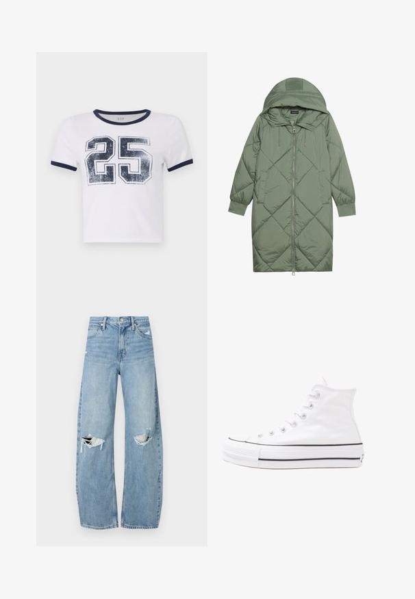 Puchowy, długi, zielony płaszcz z kapturem, z zamkiem błyskawicznym z przodu i dwoma bocznymi kieszeniami. Całość pokryta fakturowanym wzorem diamentowym.; Biała bawełniana koszulka z granatowym prążkowanym kołnierzykiem i mankietami, z podartym nadrukiem liczby "25" z przodu.; Jasnoniebieskie, wysokiej talii dżinsy wykonane z denimu. Posiadają szerokie nogawki, dwa podarte miejsca na kolanach oraz klasyczne pięć kieszeni.; Białe wysokie trampki z płótna z czarną gumową podeszwą, przednim czubkiem z gumy i sześcioma dziurkami na sznurowadła, charakteryzujące się prostym, minimalistycznym designem.