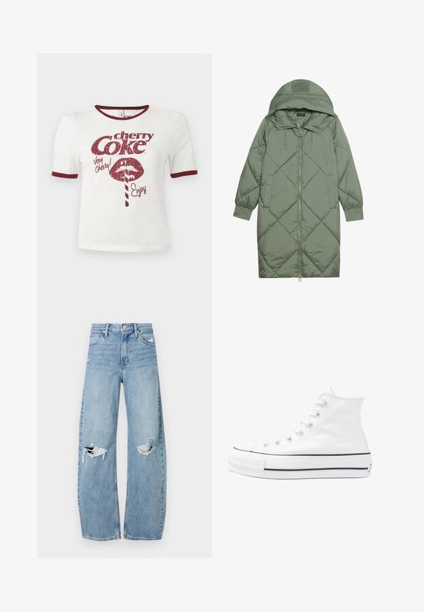 Abrigo acolchado largo verde tipo puffer con capucha, que presenta un cierre frontal con cremallera y dos bolsillos laterales. Patrón de diamantes texturizado en toda su superficie.; Camiseta blanca de algodón con mangas cortas, cuello y puños color marrón, con un gráfico de estilo retro de labios, una pajita y el texto "cherry Coke."; Vaqueros de mezclilla de tiro alto en azul claro. Tienen piernas anchas, dos áreas desgastadas en las rodillas y un estilo clásico de cinco bolsillos.; Zapatilla de lona alta blanca con suela de goma negra, puntera de goma frontal y seis ojetes para los cordones, que presenta un diseño limpio y minimalista.