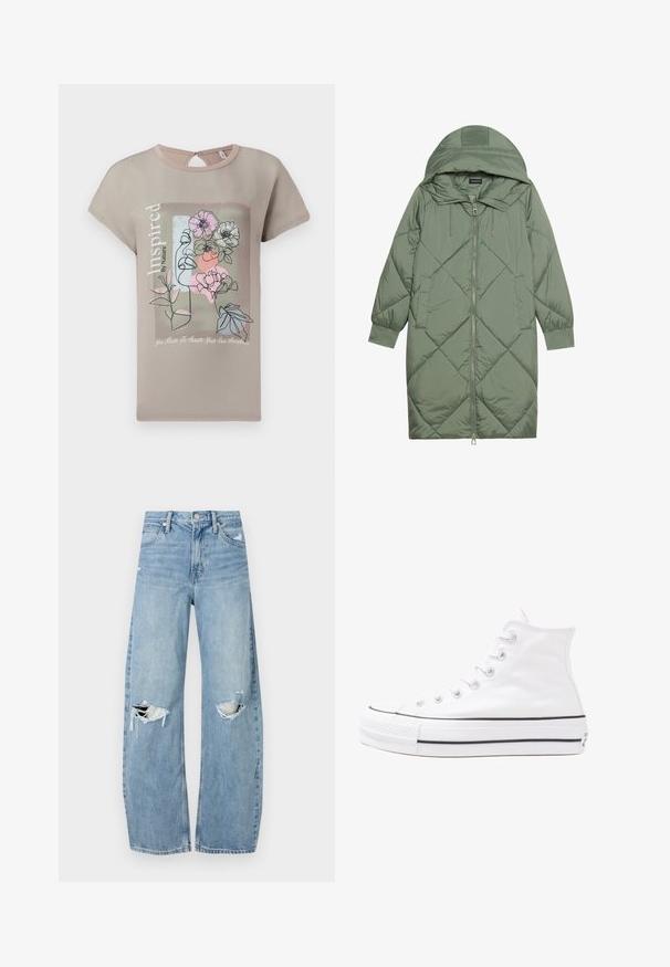 Vihreä vuorattu pitkänmallinen puhvitakki, jossa on huppu, etuvetoketju ja kaksi sivutaskua. Koko takin pinta on teksturoidussa timanttikuviossa.; Lyhythihainen taupen värinen t-paita, jossa on kukkakuvioinen viivataide ja teksti. Avaus selkäpuolella ja pehmeä kankaan rakenne. Kevyt ja rento istuvuus.; Vaaleansiniset, korkeavyötäröiset farkut, jotka on valmistettu denimmateriaalista. Ominaisuuksiin kuuluvat leveät lahkeet, kaksi revittyä polvialuetta ja klassinen viiden taskun tyyli.; Valkoiset korkeavartiset kangaskengät mustalla kumipohjalla, edessä kuminen varvasosa ja kuusi nauha-aukkoa, puhtaan minimalistisella muotoilulla.