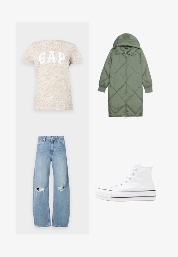 Zelený prešívaný páperový kabát s kapucňou, so zipsovým uzáverom vpredu a dvoma bočnými vreckami. Po celom povrchu je textúrovaný diamantový vzor.; Béžové tričko s leopardím vzorom a veľkým bielym nápisom "GAP" na prednej strane. Krátke rukávy a okrúhly výstrih.; Svetlomodré, vysoké džínsy vyrobené z denimu. Majú široké nohavice, dve roztrhnuté kolená a klasický päťvreckový strih.; Biele vysoké plátené tenisky s čiernou gumovou podošvou, prednou gumovou špičkou a šiestimi okami na šnúrky, s čistým, minimalistickým dizajnom.