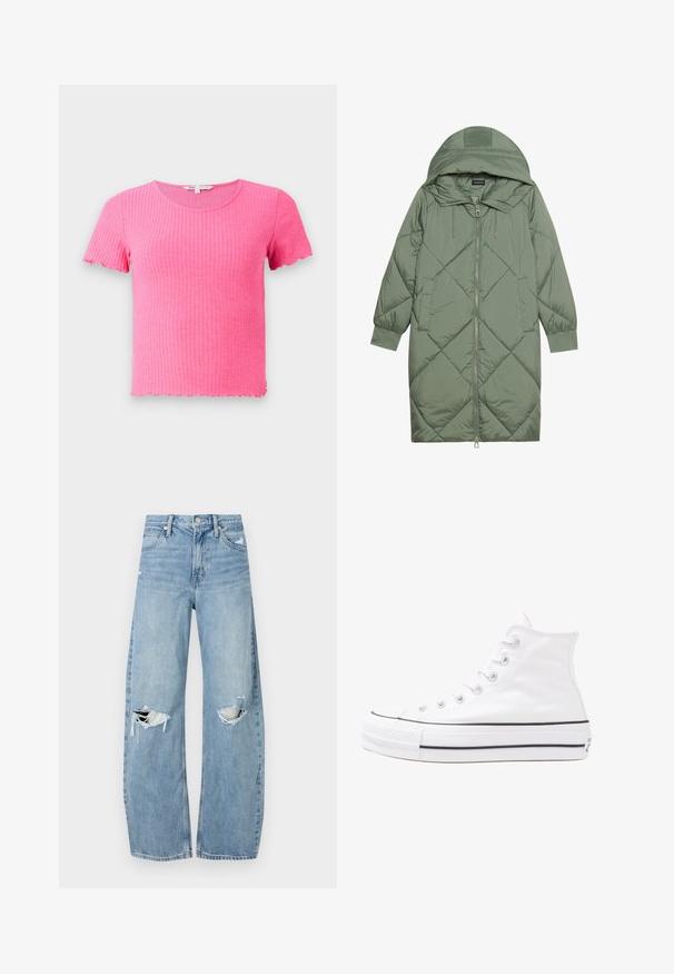 Vadderad lång grön pufferjacka med huva, med en framsidan dragkedjestängning och två sidofickor. Strukturerad diamantmönster över hela plagget.; Rosa ribbad kortärmad t-shirt med rund halsringning och vågiga kanter, tillverkad av ett mjukt, stretchigt material.; Ljusblå, högmidjade jeans i denim. Har vida ben, två slitna knäområden och klassisk femfickedesign.; Vit hög topp canvas sneaker med svart gummisulan, framsidan gummitåhätta och sex öglor för snören, med en ren, minimalistisk design.