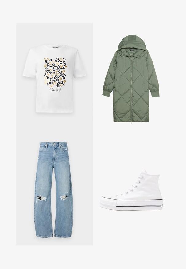 Quiltuotas ilgas žalias pūkinis paltas su kapuce, turintis priekinį užtrauktuką ir dvi šonines kišenes. Visame paviršiuje yra tekstūrinis rombų raštas.; Balta marškinėliai su juoda ir auksine leopardų rašto dizainu, su užrašu "rask mane ten, kur yra laukinės vietos".; Šviesiai mėlynos, aukštu juosmeniu džinsai pagaminti iš džinsinio audinio. Turi plačias kojų kelnes, dvi suplėšytas kelio vietas ir klasikinį penkių kišenių dizainą.; Balti aukštakulniai drobės sportbačiai su juodu guminio pado, priekinio guminio piršto dangteliu ir šešiais akytėmis raištams, pasižymintys švariu, minimalistiniu dizainu.