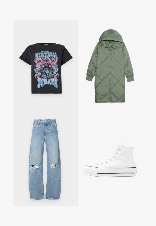 Quiltuotas ilgas žalias pūkinis paltas su kapuce, turintis priekinį užtrauktuką ir dvi šonines kišenes. Visame paviršiuje yra tekstūrinis rombų raštas.; Juodas medvilninis marškinėlis su laisvu siluetu, puošiamas spalvinga grafiką, kurioje mėlynos ir rožinės spalvos tekstas "Mistiniai Sapnai" ir gėlių motyvai.; Šviesiai mėlynos, aukštu juosmeniu džinsai pagaminti iš džinsinio audinio. Turi plačias kojų kelnes, dvi suplėšytas kelio vietas ir klasikinį penkių kišenių dizainą.; Balti aukštakulniai drobės sportbačiai su juodu guminio pado, priekinio guminio piršto dangteliu ir šešiais akytėmis raištams, pasižymintys švariu, minimalistiniu dizainu.