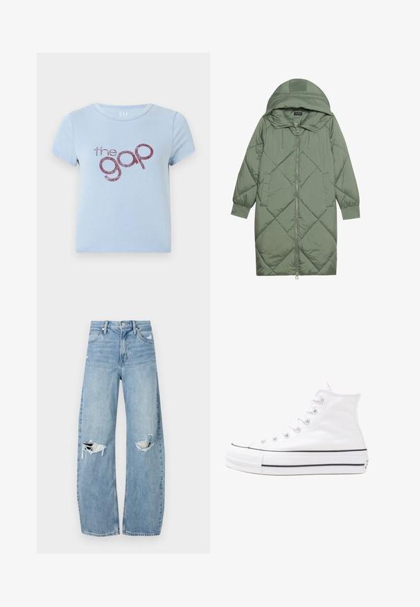 Quilted long green puffer coat with a hood, featuring a front zipper closure and two side pockets. Textured diamond pattern throughout.; Light blue cotton t-shirt with a round neckline and short sleeves. Features a glossy burgundy logo text "the gap" in a playful font.; Light blue, high-waisted jeans made of denim. Feature wide legs, two torn knee areas, and classic five-pocket styling.; White high-top canvas sneaker with black rubber sole, front rubber toe cap, and six eyelets for laces, featuring a clean, minimalist design.