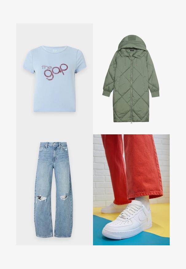 Vihreä vuorattu pitkänmallinen puhvitakki, jossa on huppu, etuvetoketju ja kaksi sivutaskua. Koko takin pinta on teksturoidussa timanttikuviossa.; Vaaleansininen puuvillapaita, jossa on pyöreä pääntie ja lyhyet hihat. Paitaa koristaa kiiltävä viininpunainen logo-teksti "the gap" leikkisässä fontissa.; Vaaleansiniset, korkeavyötäröiset farkut, jotka on valmistettu denimmateriaalista. Ominaisuuksiin kuuluvat leveät lahkeet, kaksi revittyä polvialuetta ja klassinen viiden taskun tyyli.; Valkoinen nahkakengät, joissa on rei'itetty varvasosa, teksturoitu pohja ja valkoiset nauhat, yhdistettynä leveisiin punaisiin housuihin ja sinikeltaiseen taustaan.