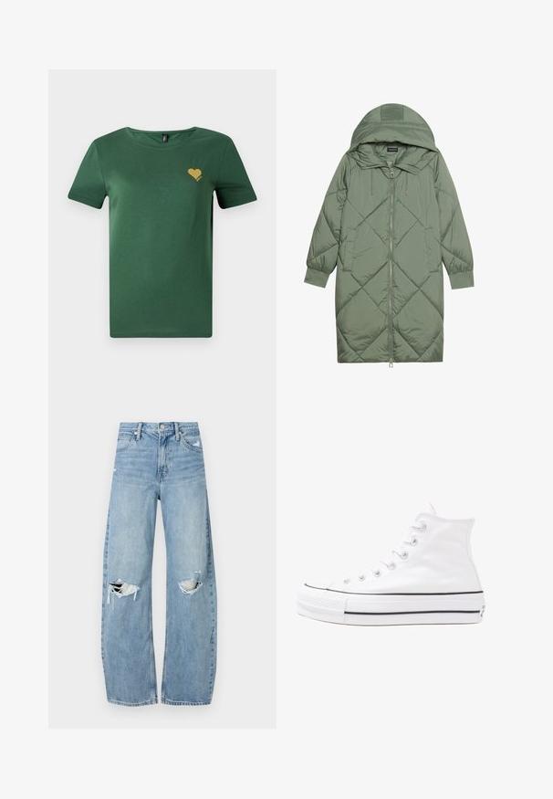 Quiltet lang grønn pufferjakke med hette, med en frontglidelås og to sidelommer. Teksturerte diamantmønster overalt.; Grønn bomulls t-skjorte med rund hals og korte ermer. Har et lite gullhjerte-grafikk på brystet. Myk tekstur, ledig passform.; Lyseblå høytlivsjeans laget av denim. Har vide bein, to revne knær og klassisk fem-lommers design.; Hvit høy-skinn kanvas sneakers med svart gummisåle, gummitåhette foran og seks hull for snorer, med et rent, minimalistisk design.