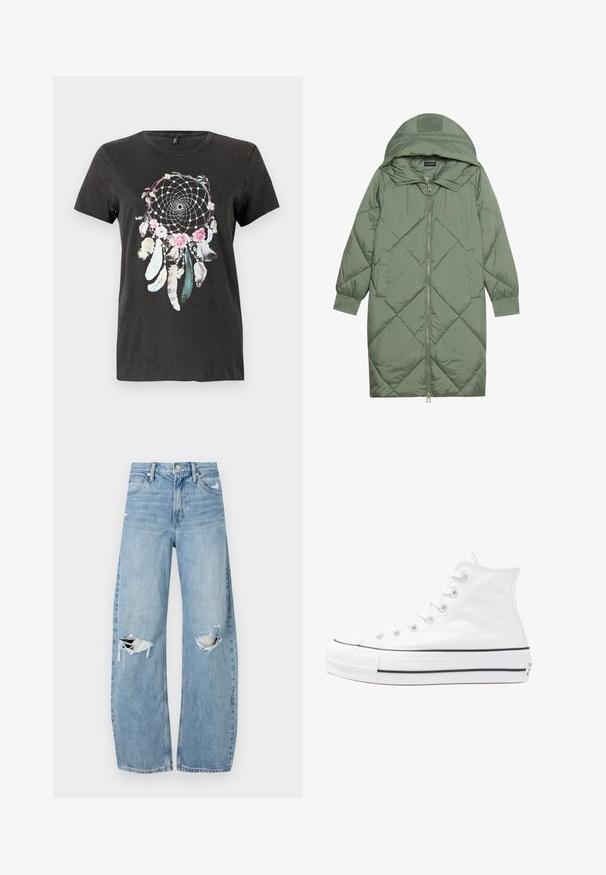 Vihreä vuorattu pitkänmallinen puhvitakki, jossa on huppu, etuvetoketju ja kaksi sivutaskua. Koko takin pinta on teksturoidussa timanttikuviossa.; Musta puuvillateepaita, jossa on pyöreä unenkesyttäjäkuvio kukka-akselteilla, höyhenillä ja yksityiskohtaisella viivatyöllä pastellisävyissä.; Vaaleansiniset, korkeavyötäröiset farkut, jotka on valmistettu denimmateriaalista. Ominaisuuksiin kuuluvat leveät lahkeet, kaksi revittyä polvialuetta ja klassinen viiden taskun tyyli.; Valkoiset korkeavartiset kangaskengät mustalla kumipohjalla, edessä kuminen varvasosa ja kuusi nauha-aukkoa, puhtaan minimalistisella muotoilulla.