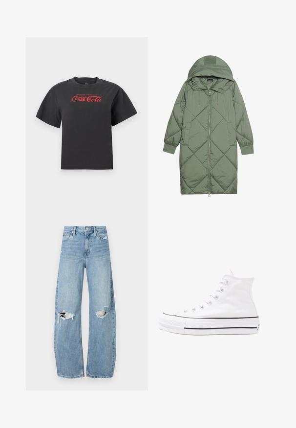 Quilted long green puffer coat with a hood, featuring a front zipper closure and two side pockets. Textured diamond pattern throughout.; Black cotton t-shirt with short sleeves, featuring a red Coca-Cola logo and text across the chest. Classic crew neckline, relaxed fit.; Light blue, high-waisted jeans made of denim. Feature wide legs, two torn knee areas, and classic five-pocket styling.; White high-top canvas sneaker with black rubber sole, front rubber toe cap, and six eyelets for laces, featuring a clean, minimalist design.