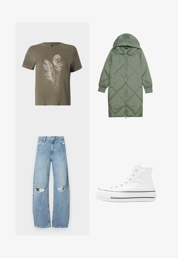 Quiltuotas ilgas žalias pūkinis paltas su kapuce, turintis priekinį užtrauktuką ir dvi šonines kišenes. Visame paviršiuje yra tekstūrinis rombų raštas.; Tamsiai žalia medvilninė marškinėliai su trumpomis rankovėmis, puikuojantys baltu plunksnos spaudiniu ir apvaliu kaklu.; Šviesiai mėlynos, aukštu juosmeniu džinsai pagaminti iš džinsinio audinio. Turi plačias kojų kelnes, dvi suplėšytas kelio vietas ir klasikinį penkių kišenių dizainą.; Balti aukštakulniai drobės sportbačiai su juodu guminio pado, priekinio guminio piršto dangteliu ir šešiais akytėmis raištams, pasižymintys švariu, minimalistiniu dizainu.