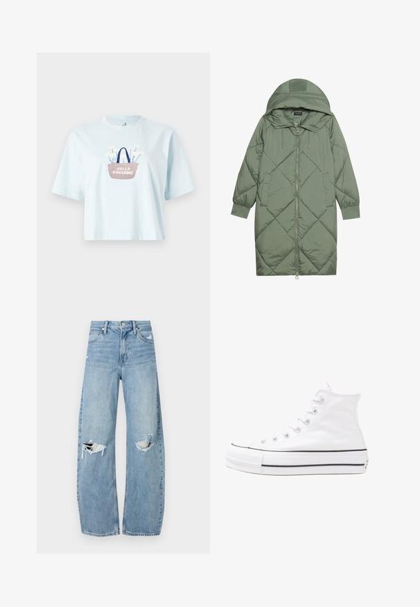 Quilted long green puffer coat with a hood, featuring a front zipper closure and two side pockets. Textured diamond pattern throughout.; Light blue cotton t-shirt with short sleeves, featuring an embroidered basket design with flowers and the text "HELLO SUNSHINE."; Light blue, high-waisted jeans made of denim. Feature wide legs, two torn knee areas, and classic five-pocket styling.; White high-top canvas sneaker with black rubber sole, front rubber toe cap, and six eyelets for laces, featuring a clean, minimalist design.