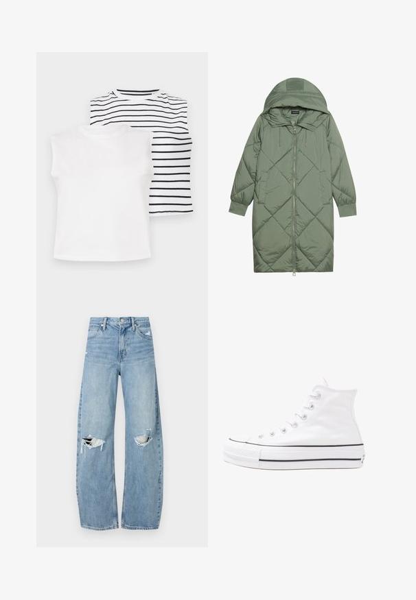 Steppelt, hosszú zöld pufikabát kapucnival, elöl cipzáras záródással és két oldalsó zsebből áll. Az anyagon teljes hosszában váltakozó gyémántmintázat található.; Két ujjatlan felső: az egyik egyszínű fehér, a másik vízszintes fekete csíkokkal díszített fehér háttéren. Puha anyag, kerek nyakkivágás.; Világoskék, magas derekú farmernadrág. Széles lábakkal, két szakadt térddel és klasszikus öt zsebes dizájnnal rendelkezik.; Fehér magaskorsó vászon sportcipő fekete gumi talppal, elülső gumi orrnyereggel és hat fűzőlyukkal, letisztult, minimalista dizájnnal.