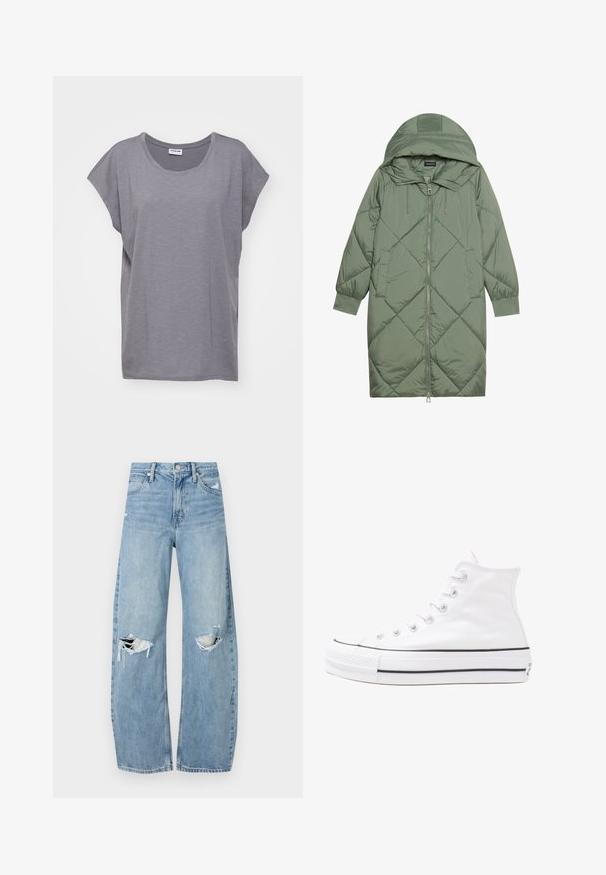 Quilted long green puffer coat with a hood, featuring a front zipper closure and two side pockets. Textured diamond pattern throughout.; Noisy May NMMATHILDE LOOSE LONG - Basic T-shirt - charcoal gray; Light blue, high-waisted jeans made of denim. Feature wide legs, two torn knee areas, and classic five-pocket styling.; White high-top canvas sneaker with black rubber sole, front rubber toe cap, and six eyelets for laces, featuring a clean, minimalist design.