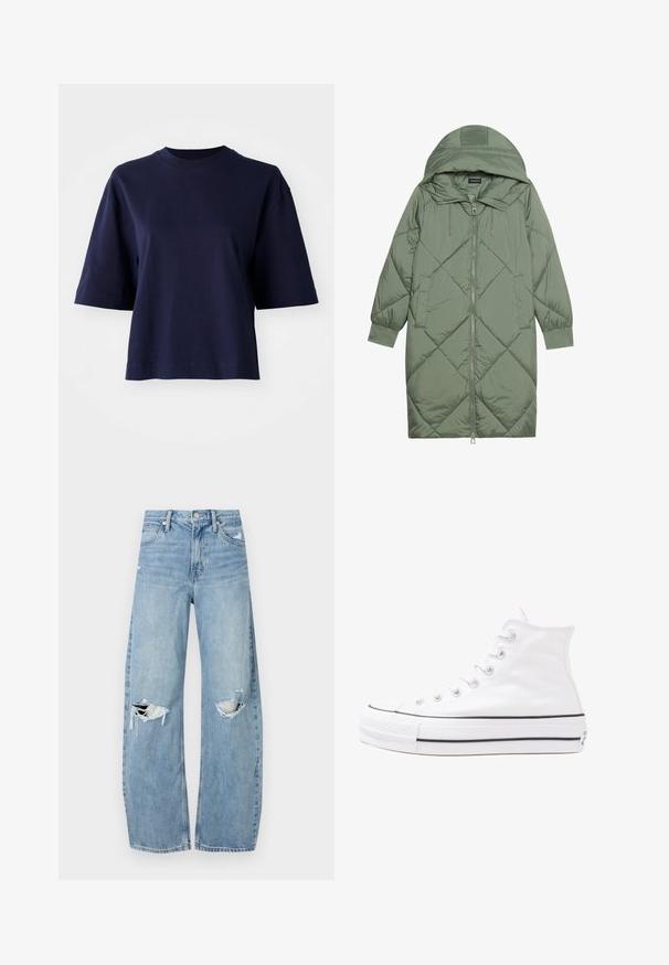 Abrigo acolchado largo verde tipo puffer con capucha, que presenta un cierre frontal con cremallera y dos bolsillos laterales. Patrón de diamantes texturizado en toda su superficie.; Camiseta de algodón azul marino con escote redondo, mangas cortas y un corte relajado. Presenta un color sólido sin patrones ni adornos.; Vaqueros de mezclilla de tiro alto en azul claro. Tienen piernas anchas, dos áreas desgastadas en las rodillas y un estilo clásico de cinco bolsillos.; Zapatilla de lona alta blanca con suela de goma negra, puntera de goma frontal y seis ojetes para los cordones, que presenta un diseño limpio y minimalista.