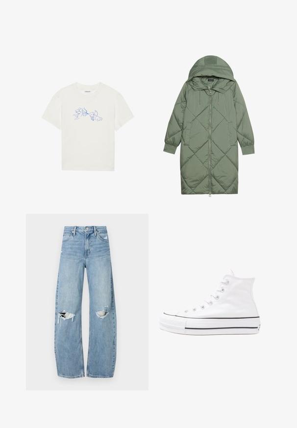 Gequiltede lange groene pufferjas met een capuchon, met een ritssluiting aan de voorkant en twee zijzakken. Gelaagd ruitpatroon overal.; Witte katoenen t-shirt met blauwe omlijnde illustraties van twee cherubijnen in speelse poses, ronde hals, korte mouwen en een relaxte pasvorm.; Lichtblauwe, hooggeritste jeans van denim. Beschikken over wijde pijpen, twee gescheurde knievalken en klassieke vijfzakken styling.; Witte high-top canvas sneakers met een zwarte rubberen zool, een rubberen neuskap aan de voorkant en zes gaatjes voor veters, met een schone, minimalistische uitstraling.