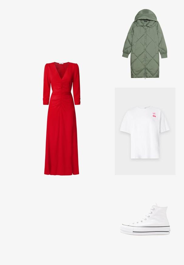 Zelený prešívaný páperový kabát s kapucňou, so zipsovým uzáverom vpredu a dvoma bočnými vreckami. Po celom povrchu je textúrovaný diamantový vzor.; Biela bavlnená tričko s okrúhlym výstrihom a krátkymi rukávmi, s ružovou grafikou čerešne s mašľou na ľavom prsníku.; Červené šaty s výstrihom do V, trojštvrťovými rukávmi a nariasením v oblasti pása a na chrbte. Materiál vyzerá hladko a ľahko.; Biele vysoké plátené tenisky s čiernou gumovou podošvou, prednou gumovou špičkou a šiestimi okami na šnúrky, s čistým, minimalistickým dizajnom.