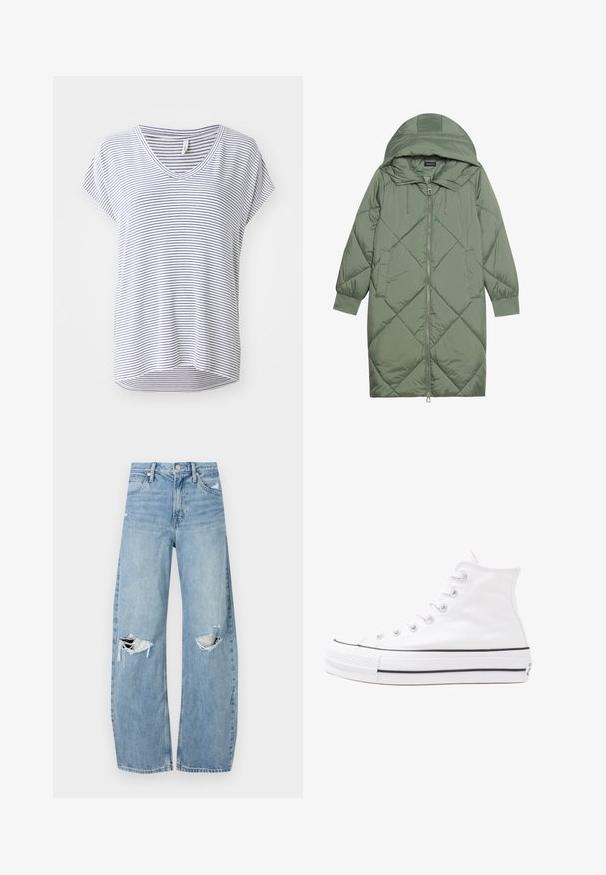 Quiltet lang grønn pufferjakke med hette, med en frontglidelås og to sidelommer. Teksturerte diamantmønster overalt.; Stripet kortermet V-hals t-skjorte i hvit og marineblå, med avslappet passform og rund kant. Blandingsbomull for komfort.; Lyseblå høytlivsjeans laget av denim. Har vide bein, to revne knær og klassisk fem-lommers design.; Hvit høy-skinn kanvas sneakers med svart gummisåle, gummitåhette foran og seks hull for snorer, med et rent, minimalistisk design.