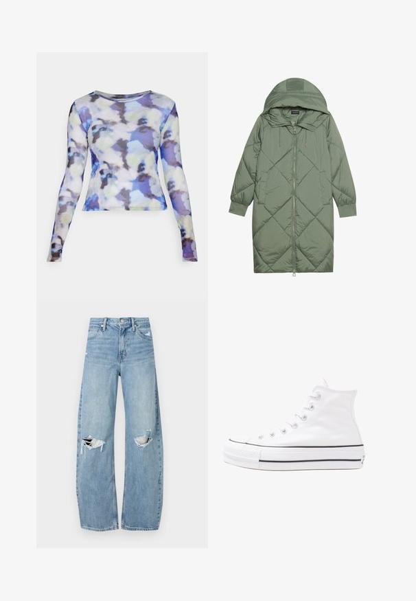 Vadderad lång grön pufferjacka med huva, med en framsidan dragkedjestängning och två sidofickor. Strukturerad diamantmönster över hela plagget.; Noisy May NMJUDITH BG - Långärmad tröja - pearled ivory/petal; Ljusblå, högmidjade jeans i denim. Har vida ben, två slitna knäområden och klassisk femfickedesign.; Vit hög topp canvas sneaker med svart gummisulan, framsidan gummitåhätta och sex öglor för snören, med en ren, minimalistisk design.