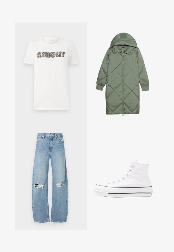 Quiltet lang grønn pufferjakke med hette, med en frontglidelås og to sidelommer. Teksturerte diamantmønster overalt.; Hvit bomull T-skjorte med teksten "amour" i leopardmønster. Korte ermer og rund hals. Lett og uformell passform.; Lyseblå høytlivsjeans laget av denim. Har vide bein, to revne knær og klassisk fem-lommers design.; Hvit høy-skinn kanvas sneakers med svart gummisåle, gummitåhette foran og seks hull for snorer, med et rent, minimalistisk design.