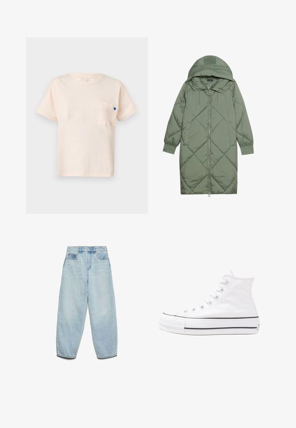 Pistetud pikk roheline puffermantel kapuutsiga, esiküljel tõmblukuga ja kahe küljetaskuga. Kogu pinnal on struktureeritud rombikujundus.; Kerge roosa puuvillane T-särk lühikeste varrukatega, ümar kaelus ja väike sinine südamemuster vasakul rinnataskul.; Heledad sinine denim naisest suits, millel on mugav lõige, kõrge talje ja laied jalad, kergelt kulunud tekstuuri ja klassikaline viie taskuga disain.; Valge kõrgem kangast tenniseking, millel on must kummist tald, ees kummist varvasetugi ja kuus aukku paelte jaoks, pakkudes puhta ja minimalistliku disaini.