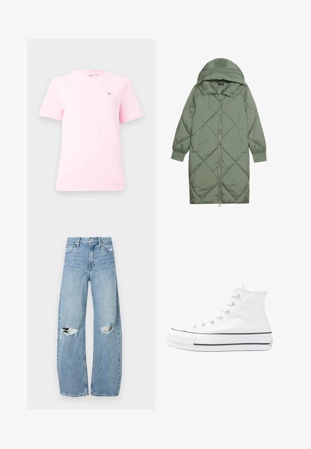 Casaco puffer longo verde acolchoado com capuz, apresentando um fecho frontal com zíper e dois bolsos laterais. Padrão texturizado em forma de diamante por todo o casaco.; T-shirt de manga curta rosa claro, em algodão, com um pequeno gráfico de uma carinha sorridente no lado esquerdo do peito. Com um toque suave e ajustamento padrão.; Jeans de lavagem clara, de cintura alta, feitos de denim. Apresentam pernas largas, duas áreas rasgadas nos joelhos e o estilo clássico de cinco bolsos.; Sapatilha alta de tela branca com sola de borracha preta, bico de borracha na frente e seis ilhós para os atacadores, apresentando um design limpo e minimalista.