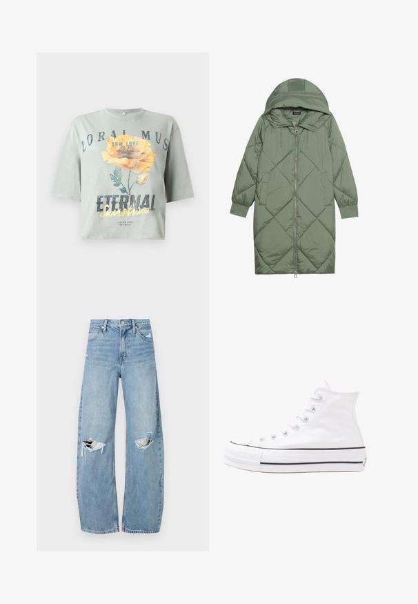 Casaco puffer longo verde acolchoado com capuz, apresentando um fecho frontal com zíper e dois bolsos laterais. Padrão texturizado em forma de diamante por todo o casaco.; T-shirt cropped de manga curta, verde claro, feito de tecido suave, com um padrão floral e as frases "Sow Love" e "Eternal Sunshine" em cores vibrantes.; Jeans de lavagem clara, de cintura alta, feitos de denim. Apresentam pernas largas, duas áreas rasgadas nos joelhos e o estilo clássico de cinco bolsos.; Sapatilha alta de tela branca com sola de borracha preta, bico de borracha na frente e seis ilhós para os atacadores, apresentando um design limpo e minimalista.