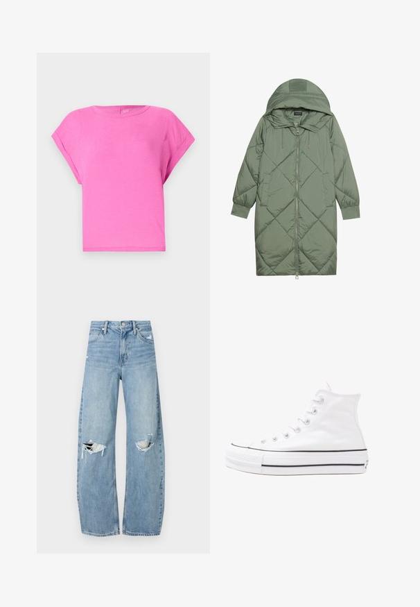 Steppelt, hosszú zöld pufikabát kapucnival, elöl cipzáras záródással és két oldalsó zsebből áll. Az anyagon teljes hosszában váltakozó gyémántmintázat található.; Rózsaszín pamut póló laza szabással, kerek nyakkivágással és rövid ujjakkal. Simára egyszerű dizájn, látható minták vagy díszítések nélkül.; Világoskék, magas derekú farmernadrág. Széles lábakkal, két szakadt térddel és klasszikus öt zsebes dizájnnal rendelkezik.; Fehér magaskorsó vászon sportcipő fekete gumi talppal, elülső gumi orrnyereggel és hat fűzőlyukkal, letisztult, minimalista dizájnnal.