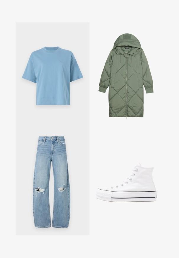 Pistetud pikk roheline puffermantel kapuutsiga, esiküljel tõmblukuga ja kahe küljetaskuga. Kogu pinnal on struktureeritud rombikujundus.; Heleheles sinine lühikeste varrukate ja puuvillane t-särk, millel on ümmargune kaelus ja väike logo rinna piirkonnas. Mõnusalt lõdva lõikega ja sile tekstuur.; Heledad hallideega sinised teksad, millel on kõrge talje. Teksade jalgadel on lai alus, kaks rebitud kohta põlvede ümber ning klassikaline viie tasku stiil.; Valge kõrgem kangast tenniseking, millel on must kummist tald, ees kummist varvasetugi ja kuus aukku paelte jaoks, pakkudes puhta ja minimalistliku disaini.