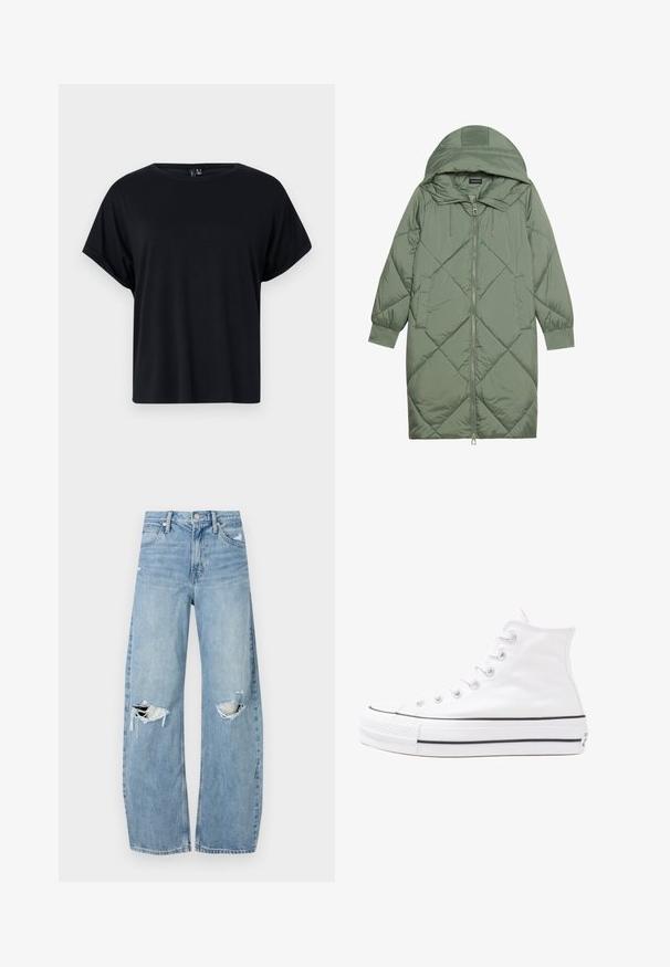 Zelený prešívaný páperový kabát s kapucňou, so zipsovým uzáverom vpredu a dvoma bočnými vreckami. Po celom povrchu je textúrovaný diamantový vzor.; Čierne tričko s krátkymi rukávmi vyrobené z jemnej bavlny. Má okrúhly výstrih a voľný strih. Hladká textúra bez viditeľných vzorov alebo akcentov.; Svetlomodré, vysoké džínsy vyrobené z denimu. Majú široké nohavice, dve roztrhnuté kolená a klasický päťvreckový strih.; Biele vysoké plátené tenisky s čiernou gumovou podošvou, prednou gumovou špičkou a šiestimi okami na šnúrky, s čistým, minimalistickým dizajnom.