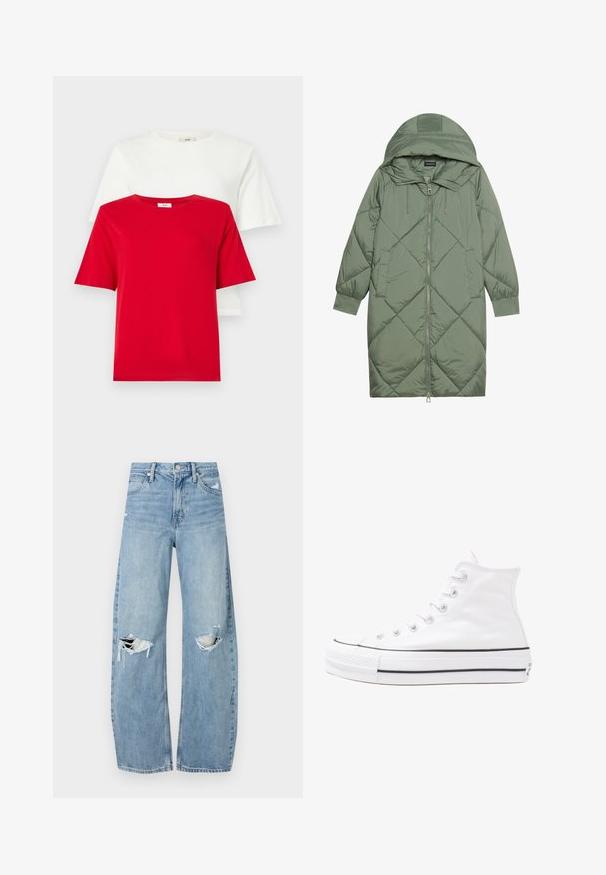 Prošívaný dlouhý zelený péřový kabát s kapucí, který má přední zip a dvě boční kapsy. Po celém povrchu je texturovaný diamantový vzor.; Červené a bílé bavlněné trička naskládané na sobě, kulatý výstřih a krátké rukávy. Jednoduchý design, hladká textura a žádné viditelné vzory ani akcenty.; Světle modré džíny s vysokým pasem vyrobené z denimu. Mají široké nohavice, dvě roztržené oblasti na kolenou a klasický pětikapsový střih.; Bílé vysoké plátěné tenisky s černou gumovou podrážkou, přední gumovou špičkou a šesti očky na tkaničky, se čistým, minimalistickým designem.