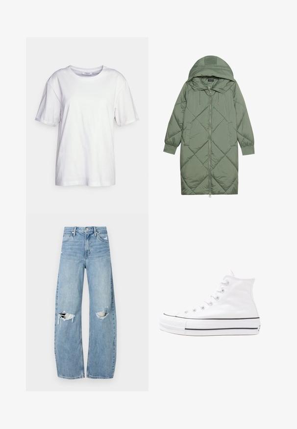Cele nouă pictate în verde închis, din material pufos, cu glugă, care dispune de închidere cu fermoar frontal și două buzunare laterale. Model texturat cu un model în diamant pe întreaga suprafață.; Tricou alb din bumbac, cu guler clasic, mâneci scurte, croi lejer și tiv drept. Fără modele sau detalii suplimentare.; Jeans de denim, de un bleu deschis, cu talie înaltă. Au picioare late, două zone rupte la genunchi și un stil clasic cu cinci buzunare.; Adidași albi tip pantofi sport cu glezna din pânză, cu talpă din cauciuc negru, capac de vârf din cauciuc frontal și șase ochiuri pentru șireturi, având un design curat și minimalist.