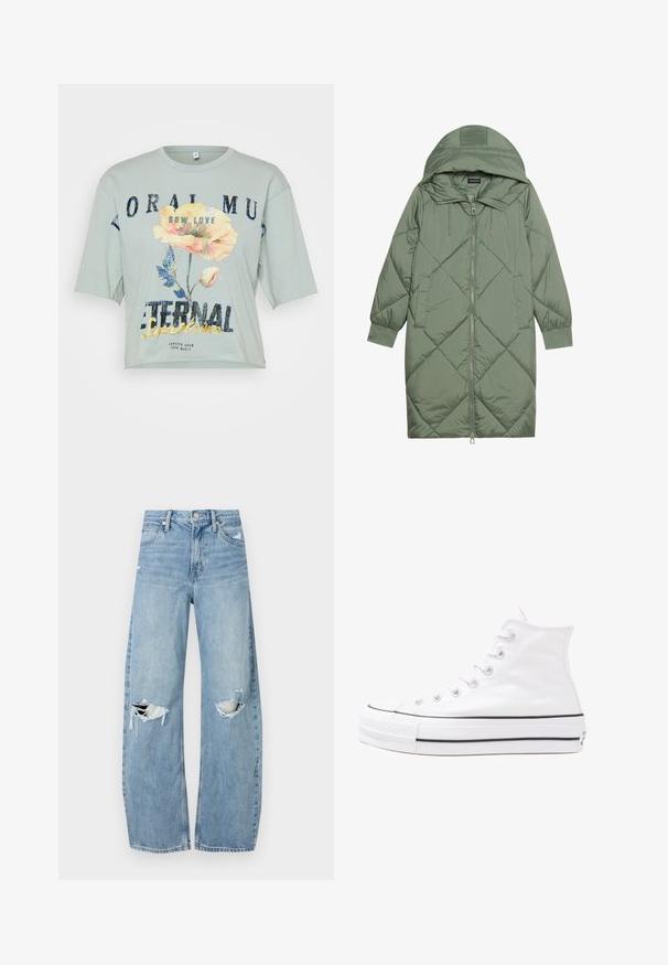 Vihreä vuorattu pitkänmallinen puhvitakki, jossa on huppu, etuvetoketju ja kaksi sivutaskua. Koko takin pinta on teksturoidussa timanttikuviossa.; Vaaleanvihreä puuvillapaita, jossa on rento leikkaus, lyhyet hihat, kukkakuva ja teksti "KYLVE RAKKAUTTA IKAISEN AURINGONVALON."; Vaaleansiniset, korkeavyötäröiset farkut, jotka on valmistettu denimmateriaalista. Ominaisuuksiin kuuluvat leveät lahkeet, kaksi revittyä polvialuetta ja klassinen viiden taskun tyyli.; Valkoiset korkeavartiset kangaskengät mustalla kumipohjalla, edessä kuminen varvasosa ja kuusi nauha-aukkoa, puhtaan minimalistisella muotoilulla.