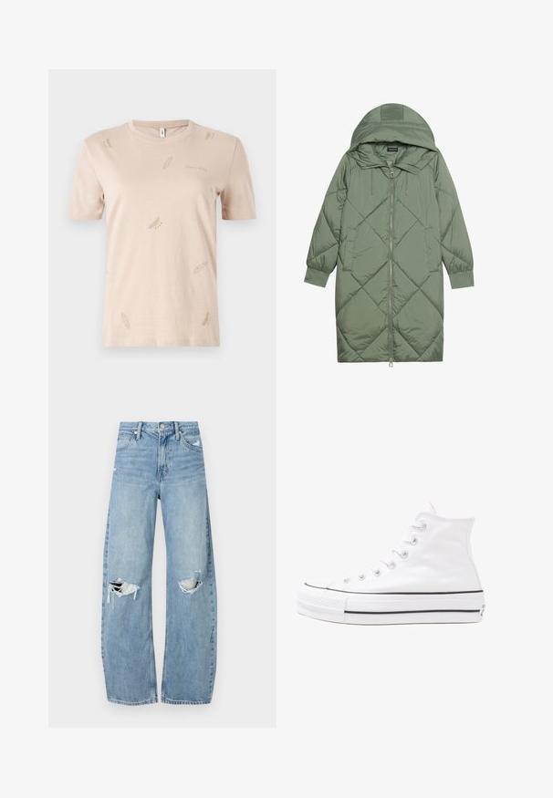 Gequiltede lange groene pufferjas met een capuchon, met een ritssluiting aan de voorkant en twee zijzakken. Gelaagd ruitpatroon overal.; Beige katoen T-shirt met een ronde hals. Heeft kleine, subtiele veerpatteren in een lichtere tint. Korte mouwen, reguliere pasvorm.; Lichtblauwe, hooggeritste jeans van denim. Beschikken over wijde pijpen, twee gescheurde knievalken en klassieke vijfzakken styling.; Witte high-top canvas sneakers met een zwarte rubberen zool, een rubberen neuskap aan de voorkant en zes gaatjes voor veters, met een schone, minimalistische uitstraling.