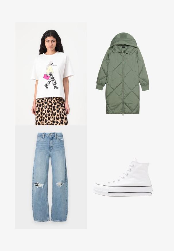 Izšūts garš zaļš pūšļa mētelis ar kapuci, ar priekšējo rāvējslēdzēju un divām sānu kabatām. Visā virsmā ir teksturēta dimanta raksts.; Balta T-kretā ar grafisko dizainu, attēlojošu figūru dzeltenā topā un melnos ziedu biksēs, kas tur rozā rokassomu. Īsas piedurknes, brīvs griezums.; Gaiši zili, augstās vidukļa džinsi, kas izgatavoti no denima. Iespējas plašas kājas, divas plēstas ceļa daļas un klasiskā piecu kabatu dizains.; Balti augstie kanvas sporta apavi ar melnu gumijas zoli, priekšējo gumijas purngalu un sešām acīm lencēm, kuriem ir tīrs, minimālistisks dizains.