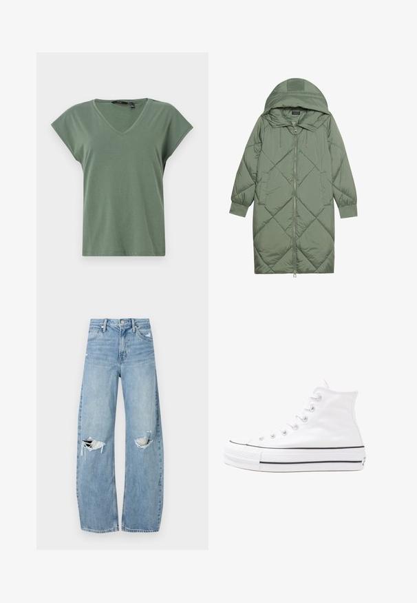 Quiltet lang grønn pufferjakke med hette, med en frontglidelås og to sidelommer. Teksturerte diamantmønster overalt.; Olivengrønn V-hals T-skjorte med korte ermer, laget av myk stoff. Har en avslappet passform og et rent design uten synlige logoer.; Lyseblå høytlivsjeans laget av denim. Har vide bein, to revne knær og klassisk fem-lommers design.; Hvit høy-skinn kanvas sneakers med svart gummisåle, gummitåhette foran og seks hull for snorer, med et rent, minimalistisk design.