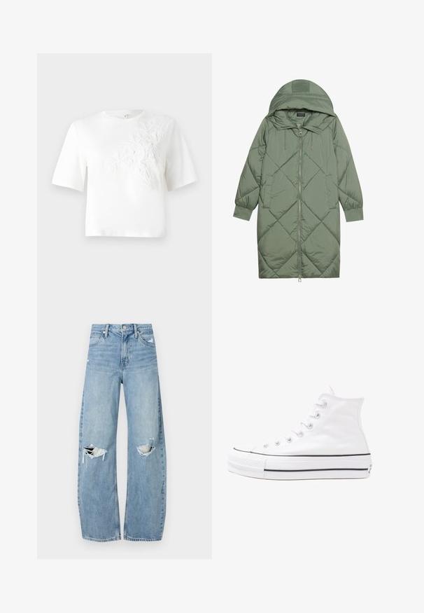 Cappotto lungo imbottito verde con un cappuccio, caratterizzato da una chiusura frontale a zip e due tasche laterali. Motivo a rombi testurizzati su tutta la superficie.; T-shirt bianco in cotone a maniche corte, con ricamo floreale testurizzato sul lato sinistro. Collo a giro, vestibilità rilassata.; Jeans azzurri chiari a vita alta realizzati in denim. Presentano gambe larghe, due aree strappate sulle ginocchia e il classico styling a cinque tasche.; Sneaker alta in tela bianca con suola in gomma nera, punta in gomma frontale e sei asole per i lacci, caratterizzata da un design pulito e minimalista.
