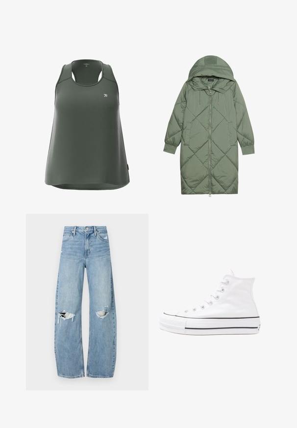 Gequiltede lange groene pufferjas met een capuchon, met een ritssluiting aan de voorkant en twee zijzakken. Gelaagd ruitpatroon overal.; Groene tanktop van textuurstof, met een ronde halslijn, racerback ontwerp en subtiele logo op de borst.; Lichtblauwe, hooggeritste jeans van denim. Beschikken over wijde pijpen, twee gescheurde knievalken en klassieke vijfzakken styling.; Witte high-top canvas sneakers met een zwarte rubberen zool, een rubberen neuskap aan de voorkant en zes gaatjes voor veters, met een schone, minimalistische uitstraling.
